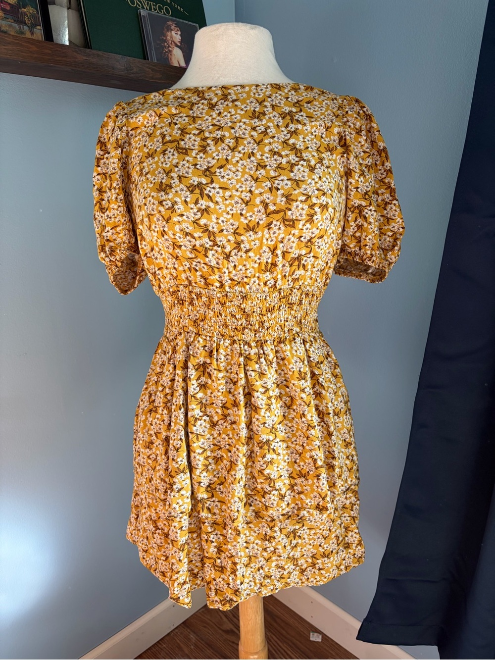 wild fable Mustard Yellow Floral Smocked Mini Dress